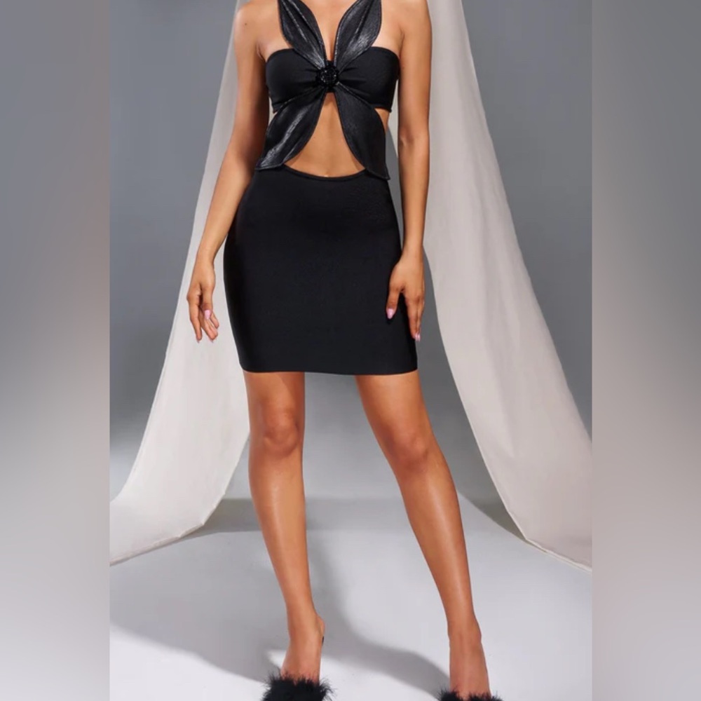 Elegant Bella Barnett Cut out Black Dress with Floral Design